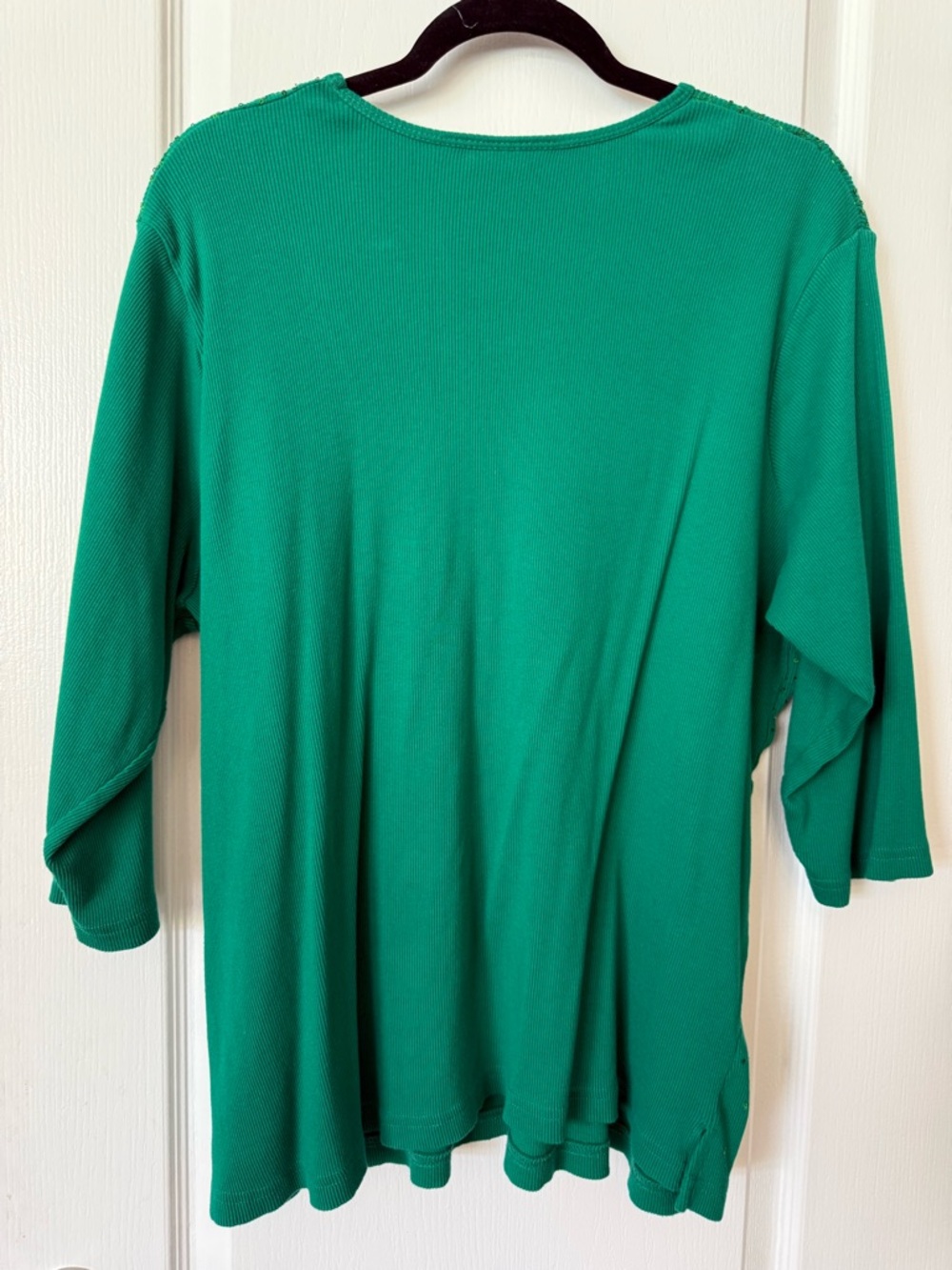 Quacker Factory Green Sequin Top 3/4 Sleeve Ribbed Shirt 2X Holiday - Picture 2 of 5